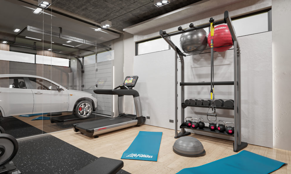 Ett garagegym kan ha löpband och funktionella träningsredskap