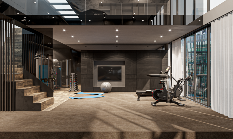 Gym i vardagsrummet med roddmaskin och träningscykel